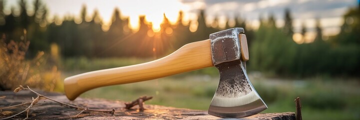 Axe Resting on a Stump with Sunset in the Background