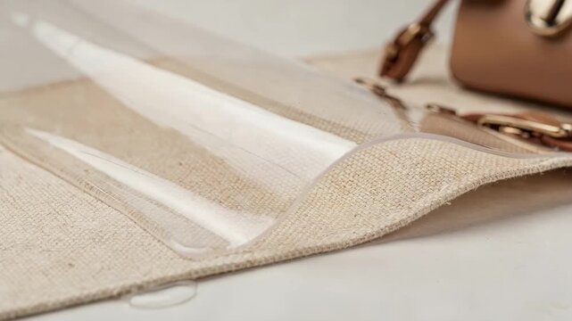 Medium shot of biobased clear protective coated canvas showcasing its smooth glossy finish derived from sustainable plant materials ideal for ecofriendly fashion and accessories.