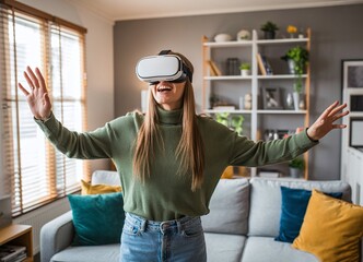 Person Enjoying Virtual Reality Experience in a Cozy Living Room