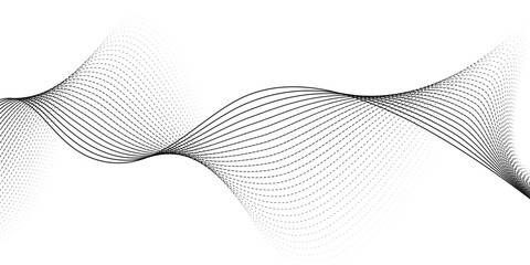 Black dotted wave line white background. Black halftone effect undulate pattern. Curved dashed gradient net design