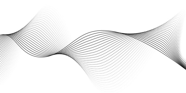 Black dotted wave line white background. Black halftone effect undulate pattern. Curved dashed gradient net design
