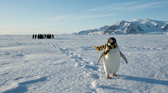 Nihilist penguin walking away from its colony across vast Antarctic ice, wearing a striped scarf and leaving a single trail of footprints toward distant mountains&mdash;viral existential winter scene.