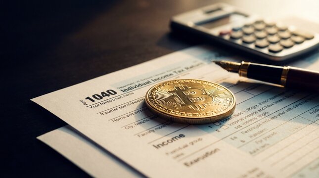 Bitcoin on 1040 tax form with calculator and pen, cryptocurrency taxation concept.