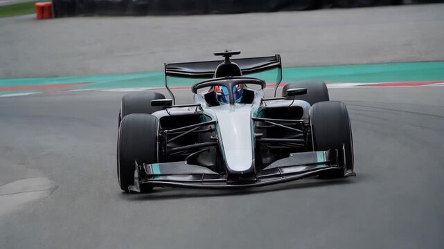 Black Formula One car on the circuit, red and white curb fast racing vehicle	