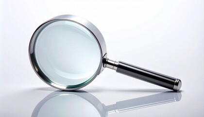 Metallic magnifying glass with reflective lens and angled handle on plain white background, symbolizing scrutiny and investigation.