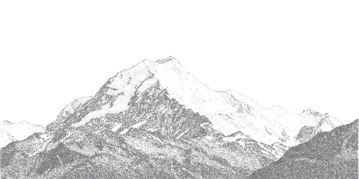 Detailed hand-drawn mountain range with snowy peaks in a stippled monochrome art style vector illustration