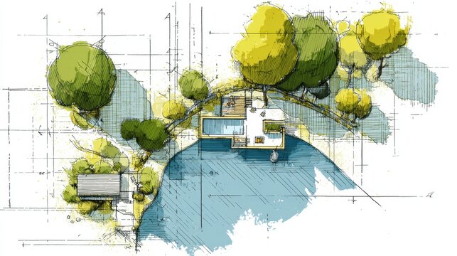 Landscape architecture plan showing a modern house with a swimming pool and deck overlooking a natural lake, featuring trees and green areas, illustrating urban planning and design concepts