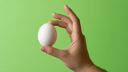 Hand holding white egg against green background