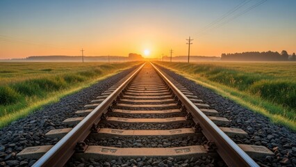 Obraz premium Railroad tracks stretching toward the sun at dawn, framed by green fields and power lines