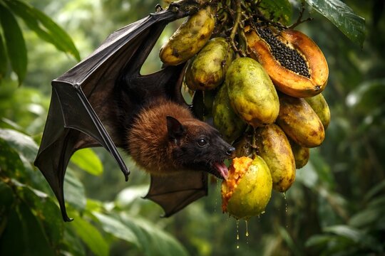 Fruit bat feeding on ripe tropical fruits in rainforest