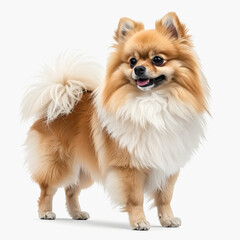 Obraz premium Fluffy Pomeranian Dog with Golden Fur, Posing Happily on White Background