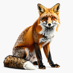 Obraz premium Red Fox Sitting Portrait, Realistic Fur Texture, White Background, Wildlife Photography