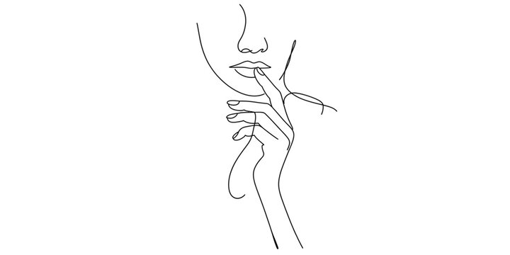 Continuous line art illustration of a person's finger touching their lips, symbolizing silence Vector, illustration
