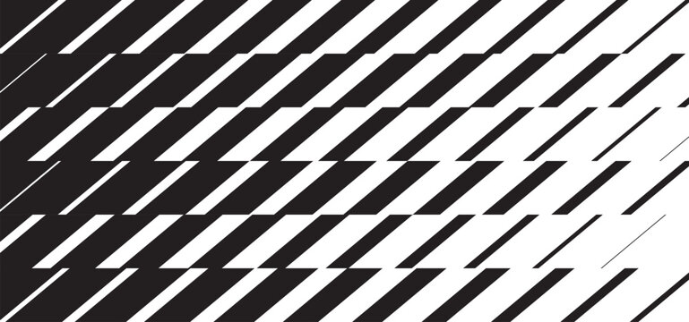 Halftone transition pattern of shifting diagonal lines. Abstract black and white geometric vector background. Modern dynamic design with a glitch effect.