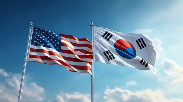 USA and South Korea Flags Flying Together.