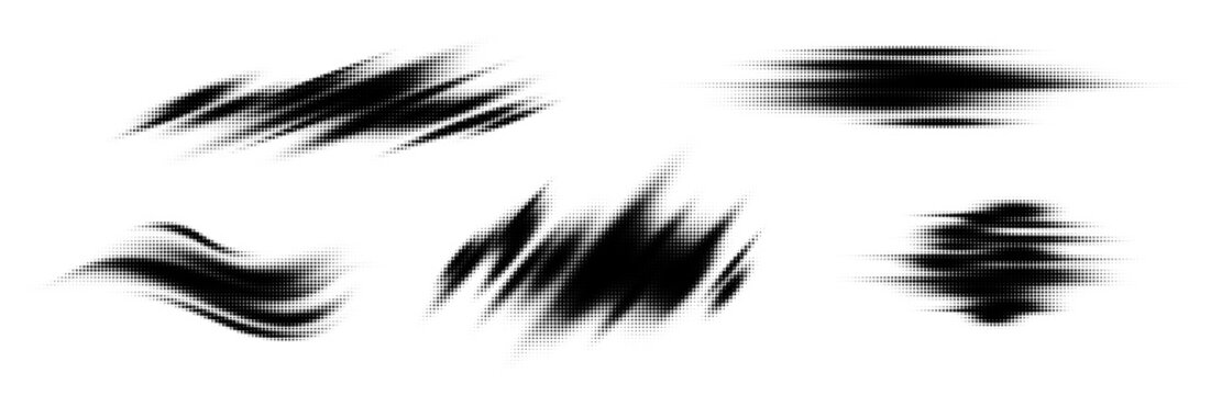 Set of abstract halftone brush strokes. Vector black and white dotted grunge textures, speed lines, and ink smears. Retro comic style design elements isolated.