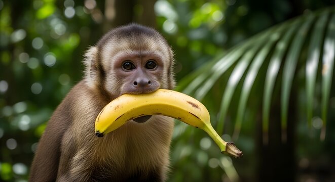 Cute monkey enjoying a ripe banana in lush tropical jungle