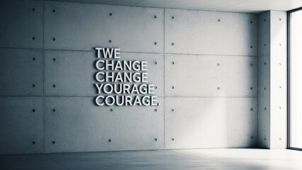 Minimalist interior with message on concrete wall, natural light, and modern aesthetic