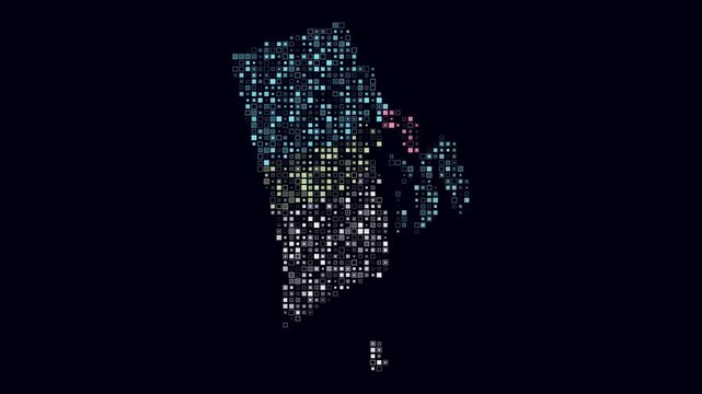 Rhode Island animated shape. Pulsating colored dots on the map of the state. Small size square blocks. Digital style Rhode Island map on dark background. Beautiful animation video.