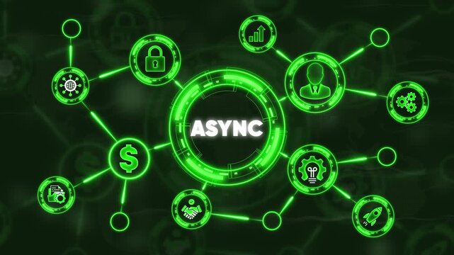 A S Y N C technology concept with neon green network connections and representing various aspects of asynchronous systems