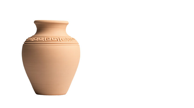 Clay vase with intricate patterns, isolated on a white background.