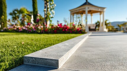 Obraz premium Manicured garden showcasing a white gazebo in the distance, surrounded by a vibrant flower bed and fresh green lawn, with a modern stone path defining the foreground space