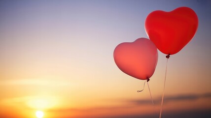 Fototapeta premium Two red heart shaped balloons floating at sunset