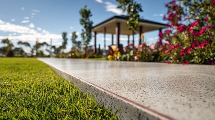 Polished concrete path passing through lush green lawn and vibrant flowers towards a blurred garden gazebo under a bright sunny blue sky, creating a tranquil leisure scene