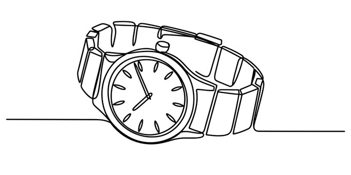 A minimalist continuous line drawing depicting a classic analog wristwatch Vector, illustration