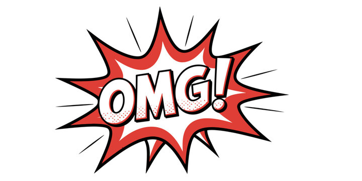 A dynamic pop art style graphic illustration featuring the text 'omg!' inside a red starburst shape Vector, illustration