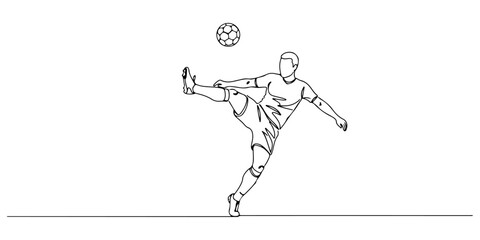 Continuous one line of a soccer player kicking a ball mid-air, symbolizing energy and sport, drawn vector illustration.