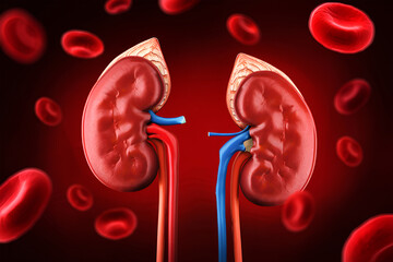 Human kidneys with red blood cells in a dark red background organ anatomy