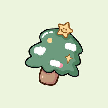 Adorable green pine tree with snow and smiling star topper in doodle style. Perfect for festive stickers, seasonal greeting cards, and minimalist holiday decor.