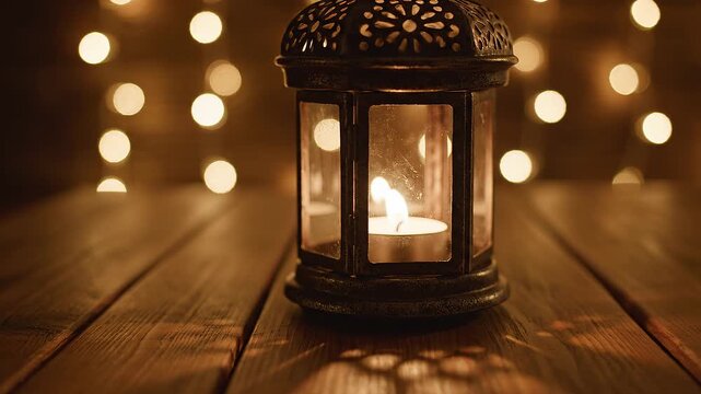 Warm Candle Lantern with Soft Bokeh Lights Cozy Ambient Scene
