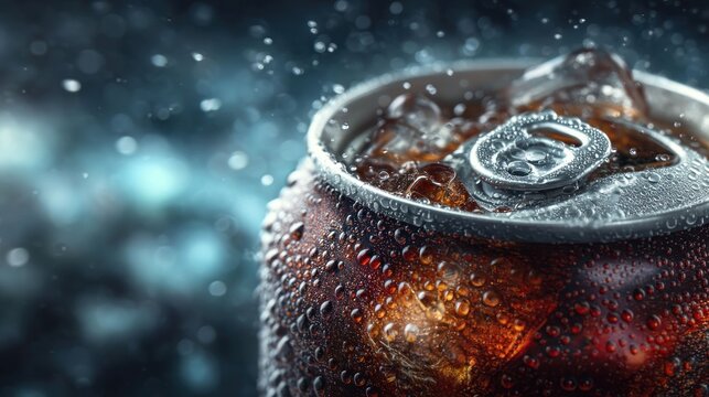 Chilled can filled with icy, fizzy dark drink and splashing water