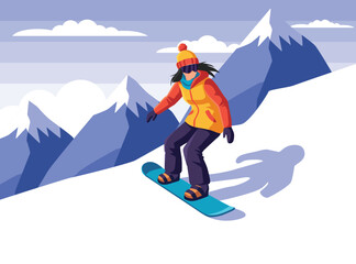 female snowboarder in bright winter gear gliding down a snowy mountain slope against a scenic backdrop of blue alpine peaks and soft white clouds.