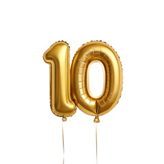 Luxury Gold Number 10 Foil Balloon Isolated on White Background PNG