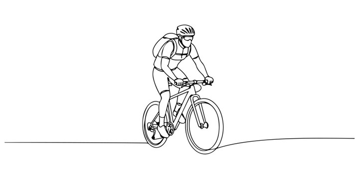 Continuous one line of a cyclist riding a mountain trail, symbolizing adventure and endurance, drawn vector illustration.