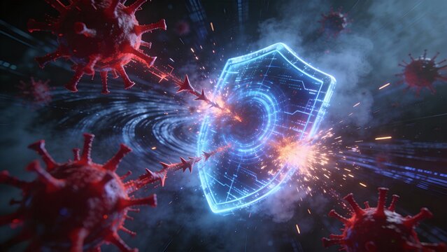 Aggressive Red Malware Attacking a Blue Cyber Security Shield causing a Digital Explosion, Concept of Active Cybersecurity Defense, Anti-Virus Protection, and Blocking Digital Threats