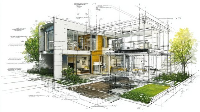 Modern building architectural plan evolving into a detailed three dimensional rendering, illustrating contemporary house design construction process with green landscape elements