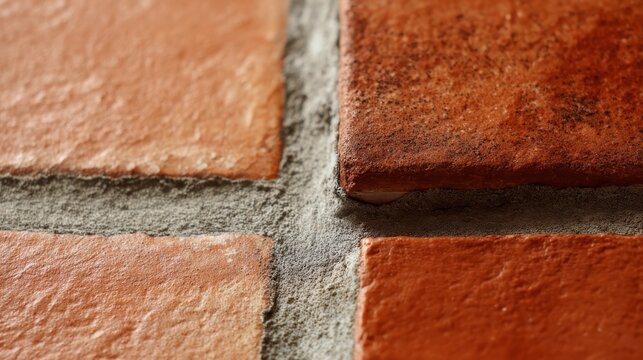 Terracotta floor tiles close up showing rustic texture, detail of weathered orange clay contrasting with rough gray grout lines, construction and masonry background material