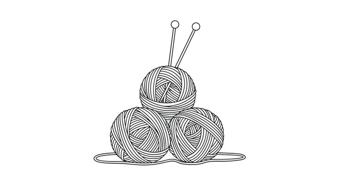 A classic black and white line art illustration showing three balls of yarn stacked with knitting needles, perfect for craft and hobby themes.