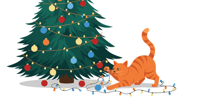 Mischievous orange tabby cat playing with colorful string lights and ornaments near a festive Christmas tree during the holiday season.