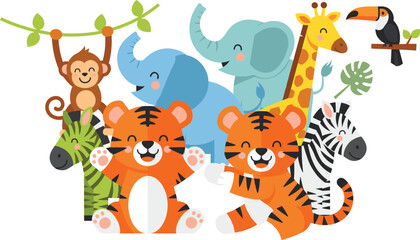 Obraz premium Cute Jungle Animals Collection with Tiger Elephant Giraffe Monkey and Zebra Vector Illustration Set