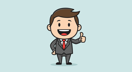 Happy cartoon businessman character smiling and giving a confident thumbs up gesture, symbolizing success and approval, in bright studio