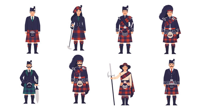 A collection of eight men in traditional Scottish kilts standing in various poses holding different objects