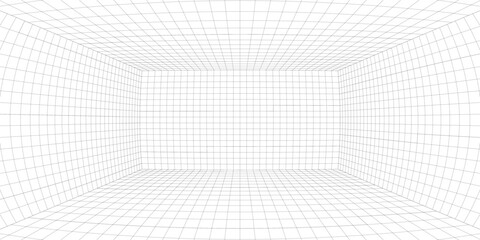 Room projection grid in futuristic 3d style. Outline futuristic grid background, room projection. Wireframe grid template in perspective view
