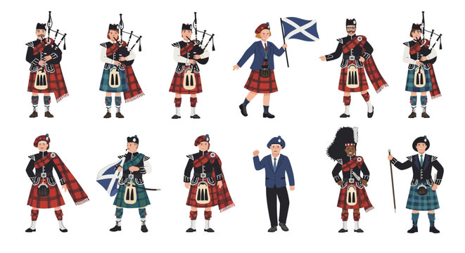 Illustration of bagpipers in traditional Scottish attire marching in various poses and actions