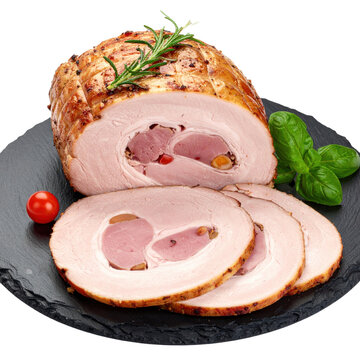 A whole roasted pork loin with crackling skin, a classic italian arista dish, professionally captured isolated on a stark white background