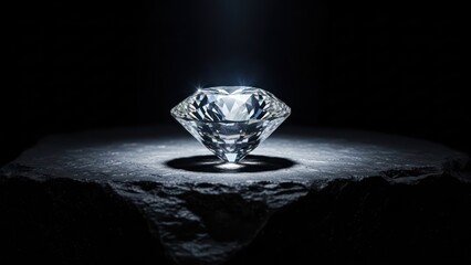 Sparkling, perfectly cut diamond gemstone illuminated against a dark background, resting on stone